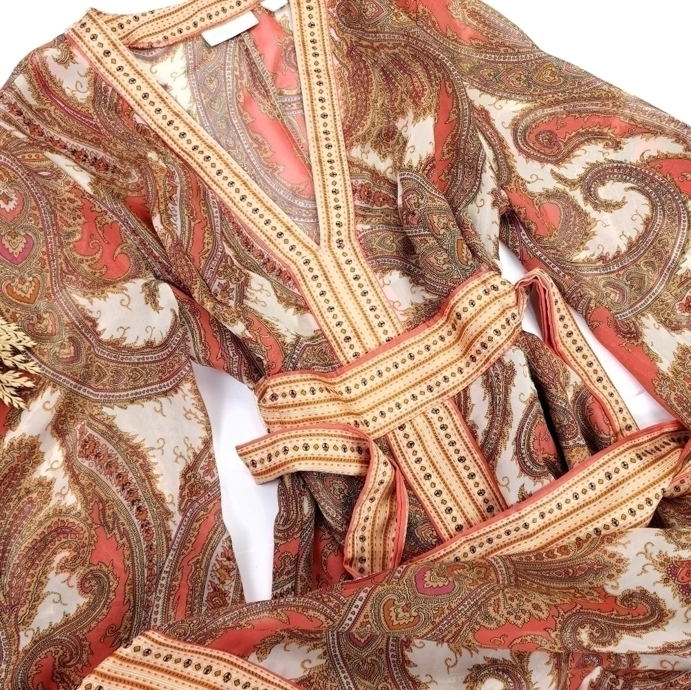 🔴 New York Company Sheer Brown Tan Orange Belted Dress Sz XL - Picture 9 of 10